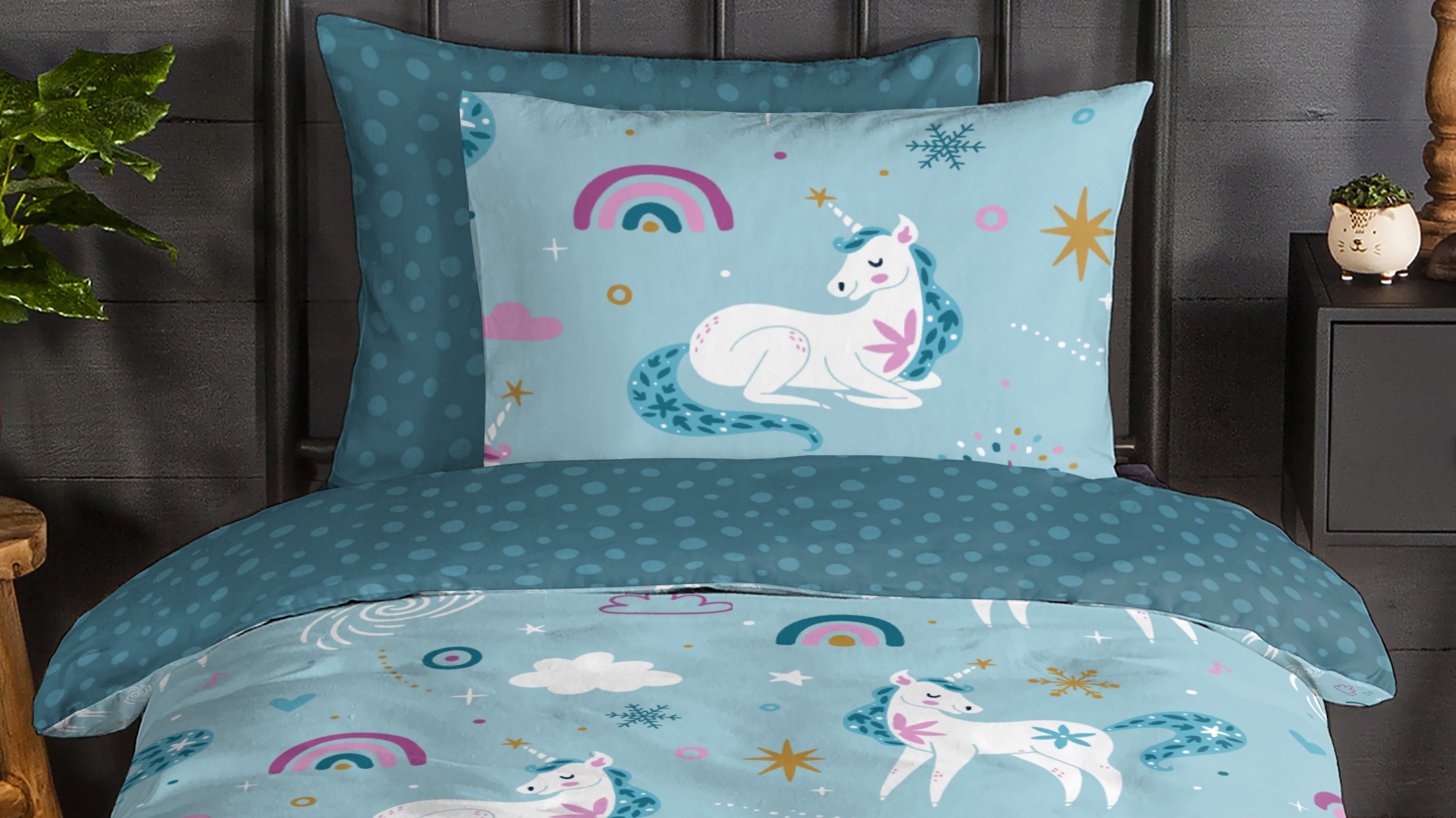 Dekbedovertrek Kids Good Morning Snowycorn - Blue close up