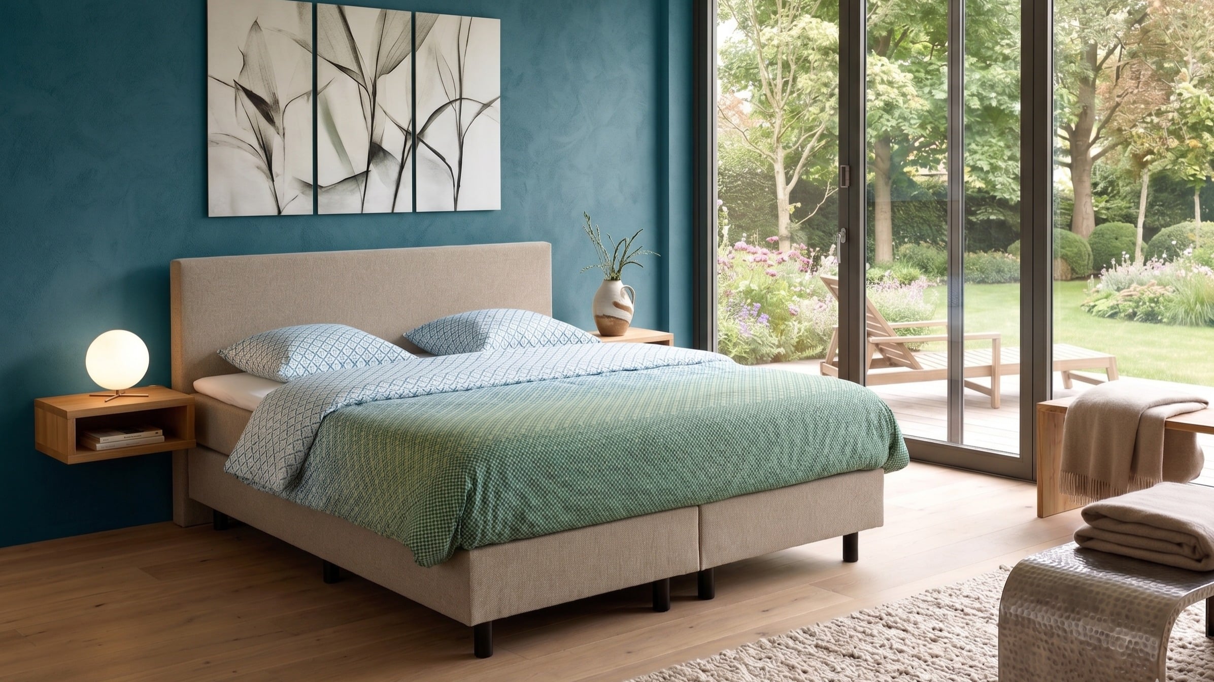Hotelbox Bodega boxspring in moderne slaapkamer met uitzicht op groene tuin